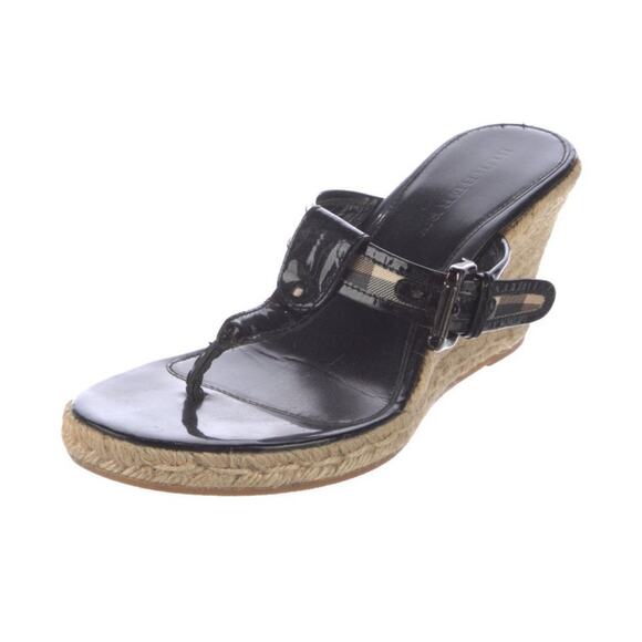 Burberry Nova Check Patent Leather Thong Espadrille Wedges IT 41/US 10.5 - Picture 1 of 5